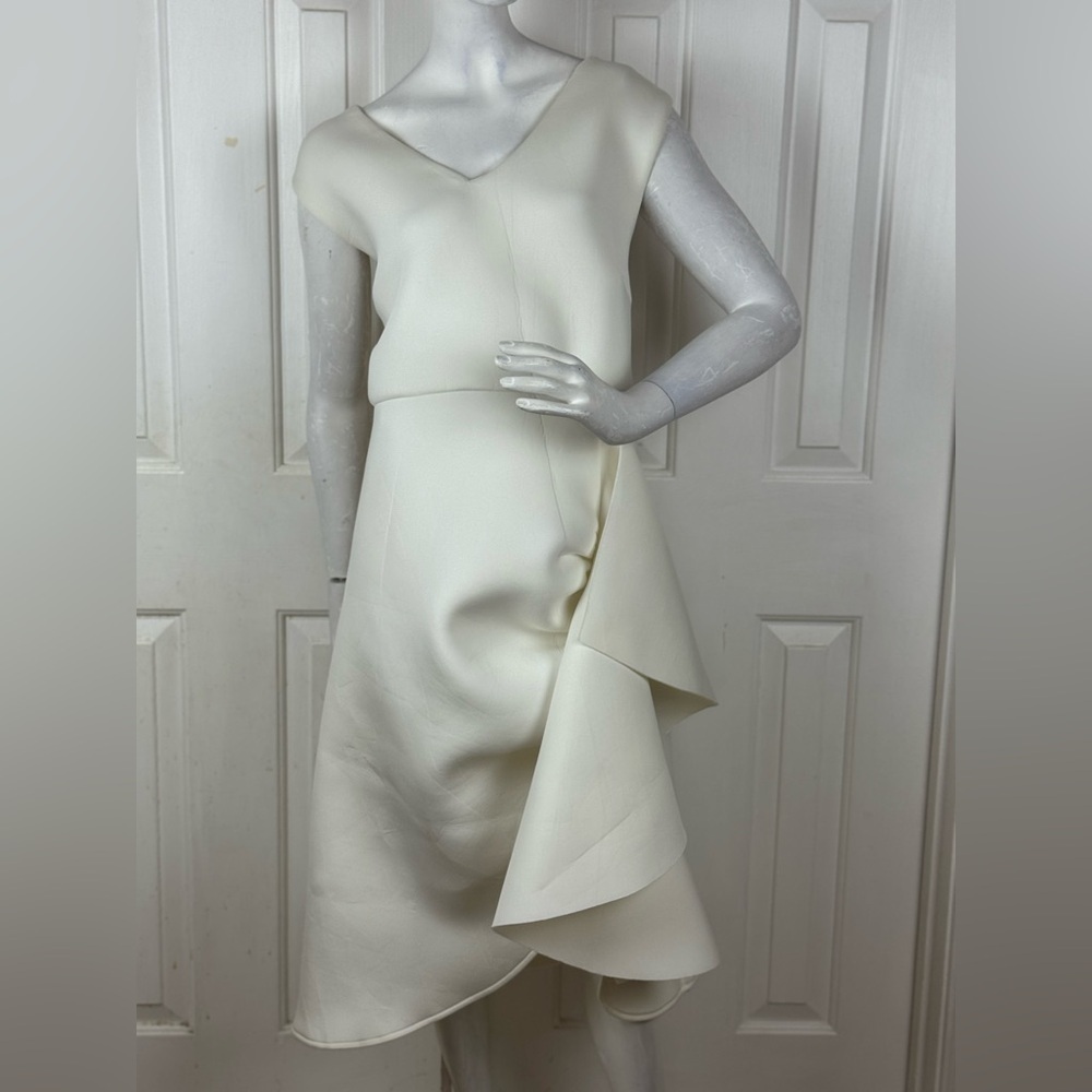 Terramina Cream Asymmetrical Sheath Dress V-Neck Flutter